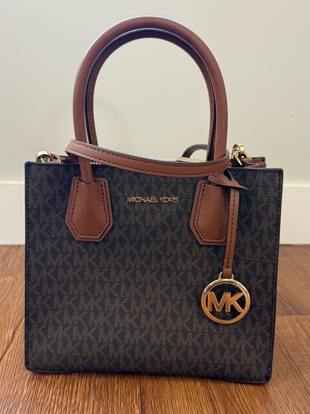 Michael Kors Brown MK Monogram Satchel with Tan Trim and Gold Hardware